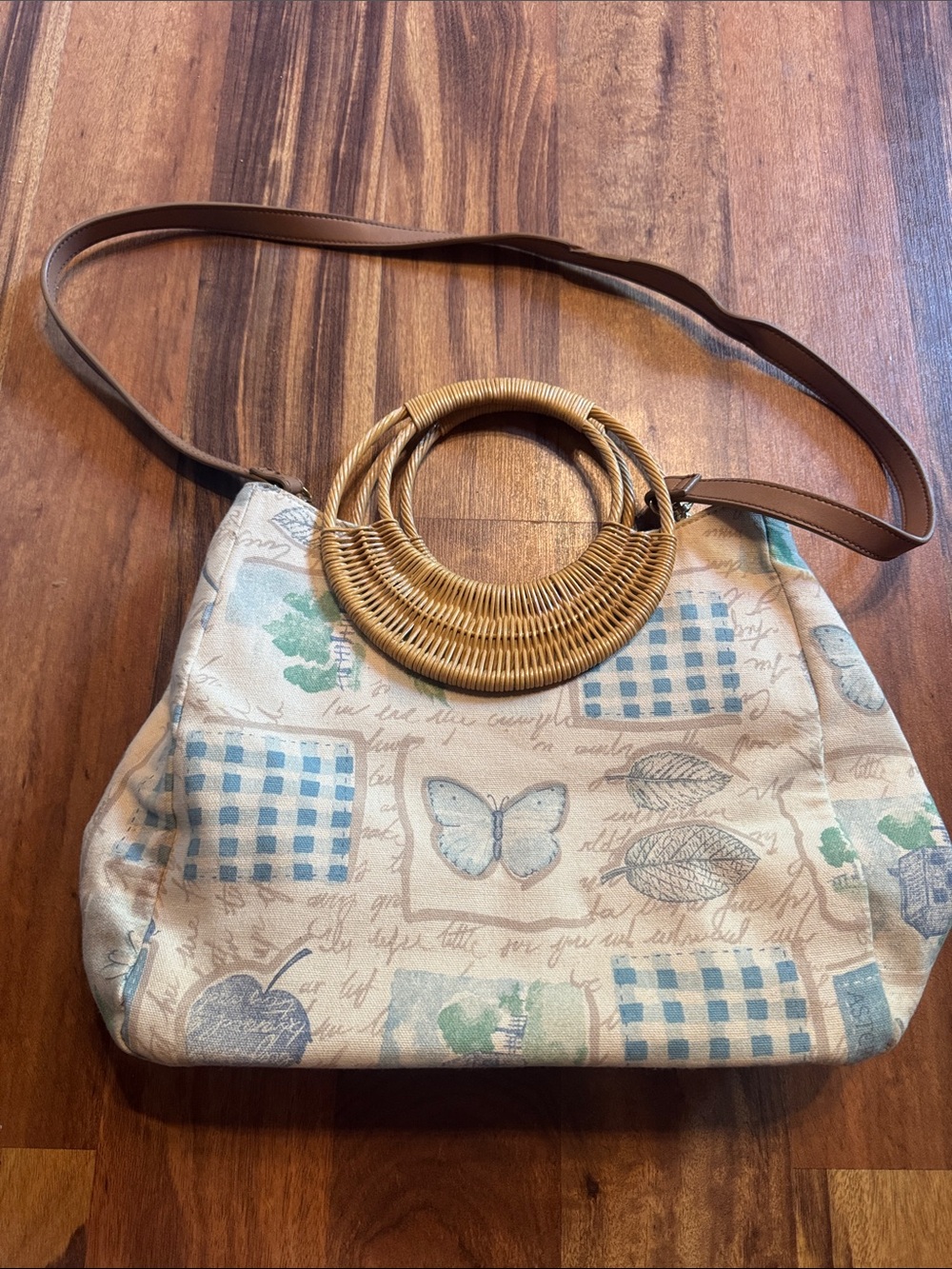 Butterfly Print Woven Handle Crossbody Bag - Beige & Brown